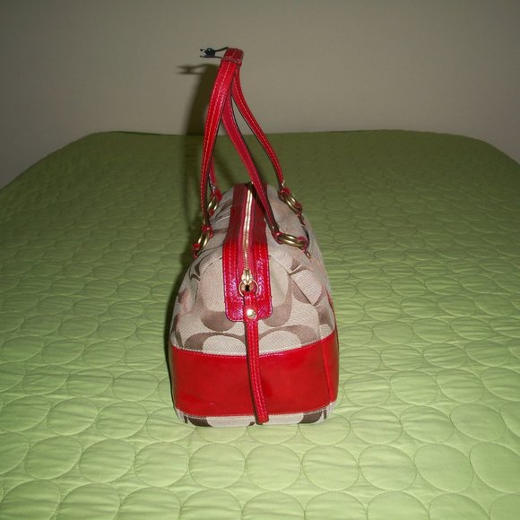 Coach Brown Signature Canvas with Red Patent Leather Bag with Wristlet/Wallet - Picture 6 of 16